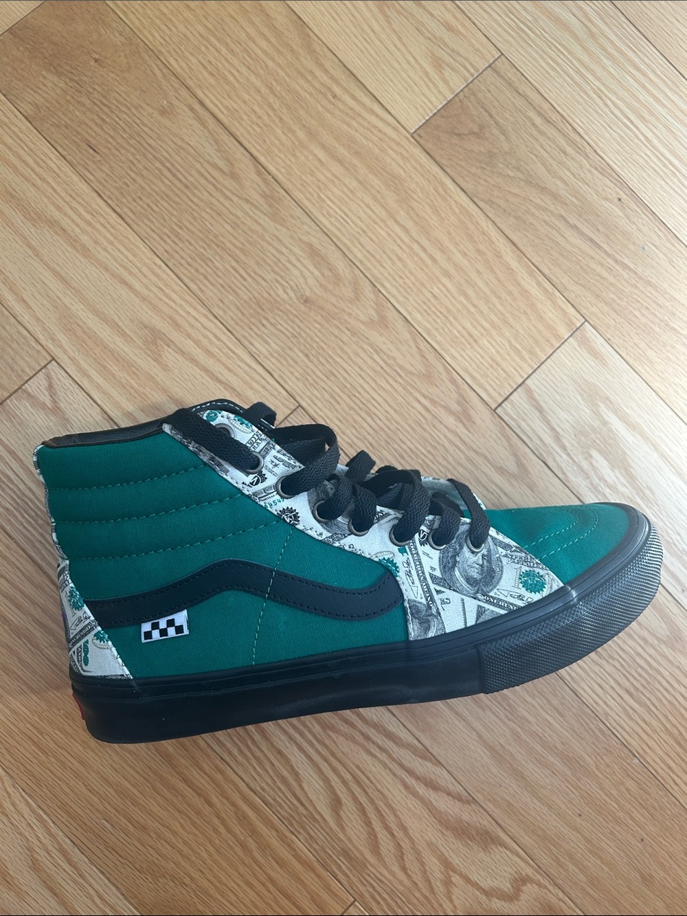 Custom Vans Men’s Green & Black High-Top Sneaker with Money Print Accent